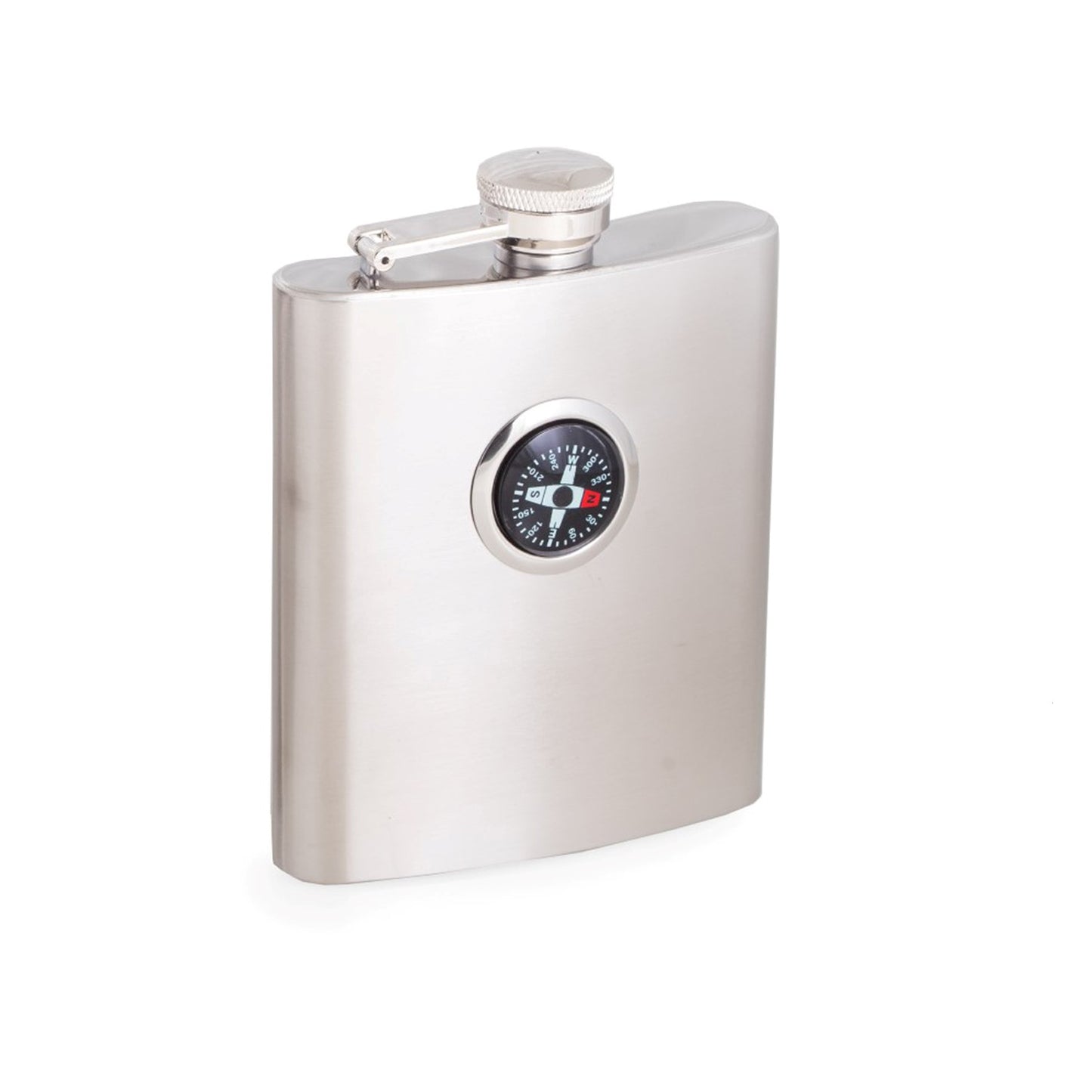 Occasion Gallery Silver Color 8 oz. Stainless Steel Compass Flask with Captive Cap and Durable Rubber Seal. 3.75 L x 0.75 W x 5.25 H in.