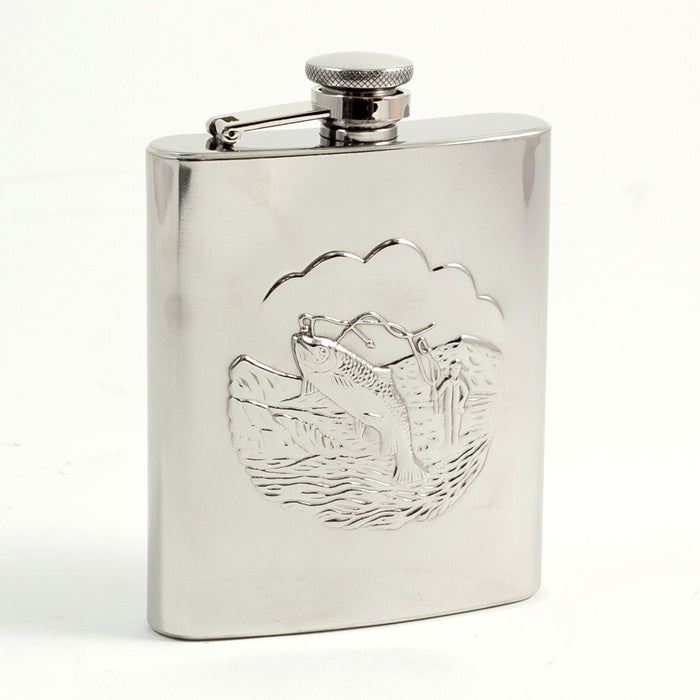 Occasion Gallery Silver Color 8 oz. Stainless Steel "Fishing" Flask with Captive Cap and Durable Rubber Seal. 3.75 L x 0.75 W x 5.25 H in.