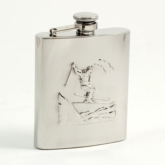 Occasion Gallery Silver Color 8 oz. Stainless Steel "Skier" Flask with Captive Cap and Durable Rubber Seal. 3.75 L x 0.75 W x 5.25 H in.