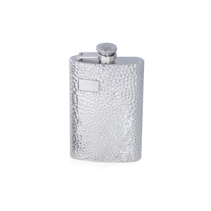 Occasion Gallery Silver Color 8 oz. Stainless Steel Hammered Finish Flask with Captive Cap and Durable Rubber Seal. 3.5 L x 0.85 W x 5 H in.