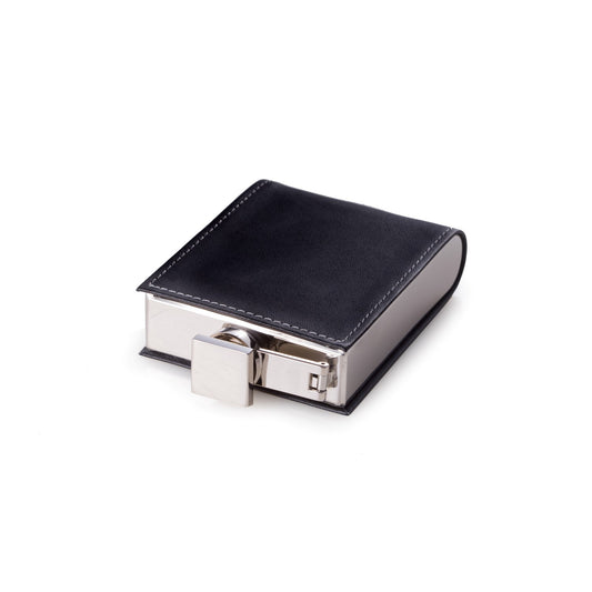 Occasion Gallery Black/Silver Color 5 oz. Stainless Steel Black Leather Flask with Captive Cap and Durable Rubber Seal. 3 L x 1 W x 4.75 H in.