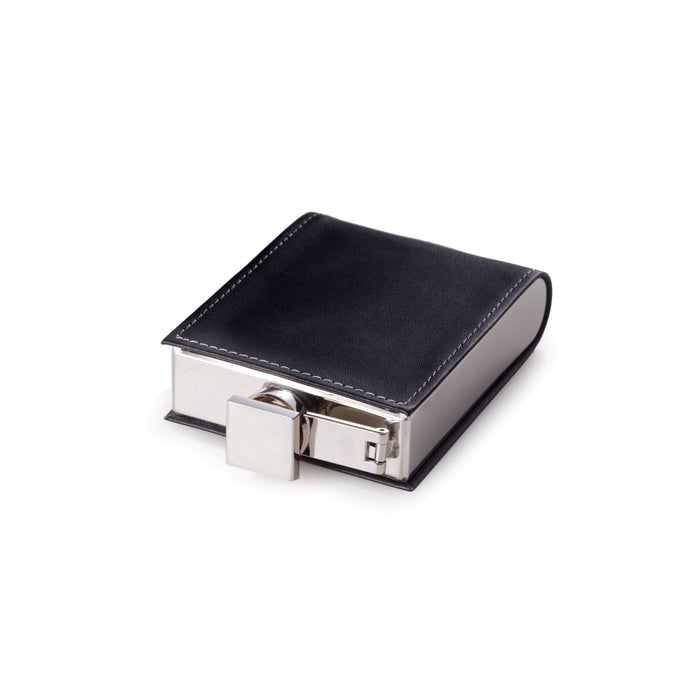 Occasion Gallery Black/Silver Color 5 oz. Stainless Steel Black Leather Flask with Captive Cap and Durable Rubber Seal. 3 L x 1 W x 4.75 H in.