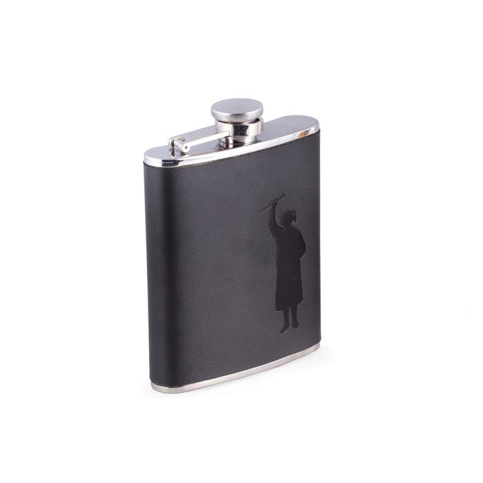 Occasion Gallery Black/Silver Color 6 oz. Stainless Steel Black Leather "Graduation" Flask with Captive Cap and Durable Rubber Seal. 3.75 L x 0.75 W x 5.25 H in.