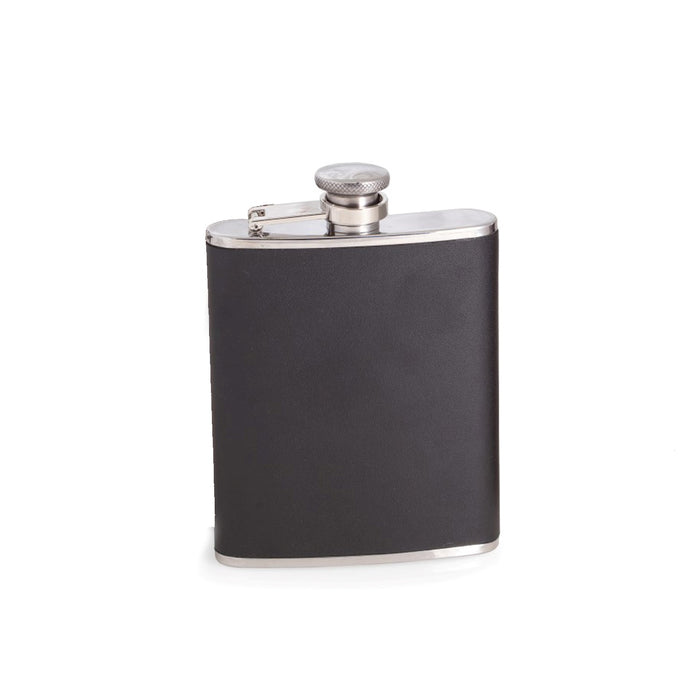 Occasion Gallery Black/Silver Color 6 oz. Stainless Steel Black Leather Flask with Captive Cap and Durable Rubber Seal. 3.75 L x 1 W x 5.35 H in.