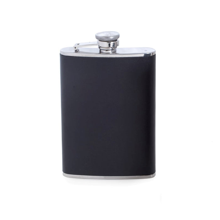 Occasion Gallery Black/Silver Color 8 oz. Stainless Steel Black Leather Flask with Captive Cap and Durable Rubber Seal. 3.5 L x 0.75 W x 6 H in.