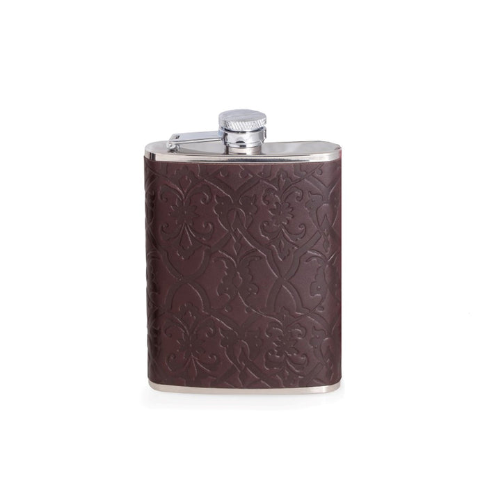 Occasion Gallery Brown/Silver Color 6 oz. Stainless Steel Brown Leather Filigree Design Flask with Captive Cap and Durable Rubber Seal. 3.75 L x 1 W x 5.35 H in.