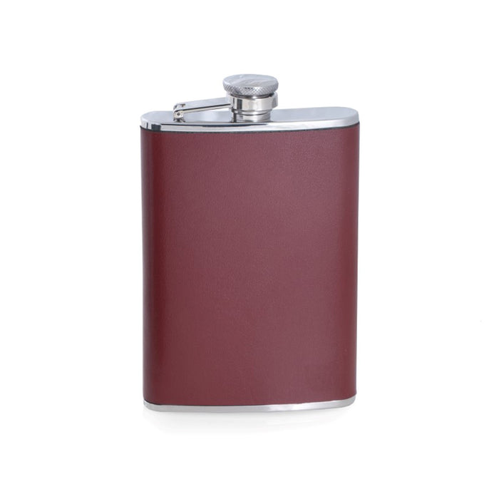 Occasion Gallery Burgundy/Silver Color 8 oz. Stainless Steel Burgundy Leather Flask with Captive Cap and Durable Rubber Seal. 3.5 L x 0.75 W x 6 H in.