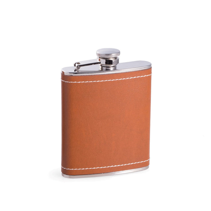 Occasion Gallery Saddle Brown/Silver Color 6 oz. Stainless Steel Saddle Brown Leather & White Stitch Flask with Captive Cap and Durable Rubber Seal. 3.75 L x 5.35 W x 1 H in.