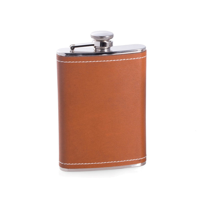 Occasion Gallery Saddle Brown/Silver Color 8 oz. Stainless Steel Saddle Brown Leather & White Stitch Flask with Captive Cap and Durable Rubber Seal. 3.5 L x 0.75 W x 6 H in.