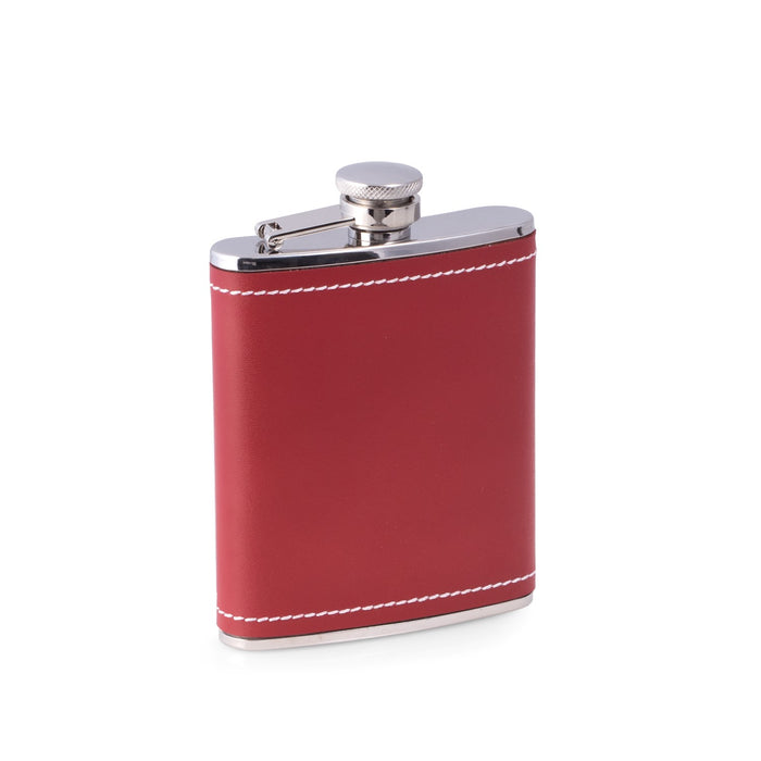 Occasion Gallery Red/White/Silver Color 6 oz. Stainless Steel Red Leather & White Stitch Flask with Captive Cap and Durable Rubber Seal. 3.75 L x 5.35 W x 1 H in.