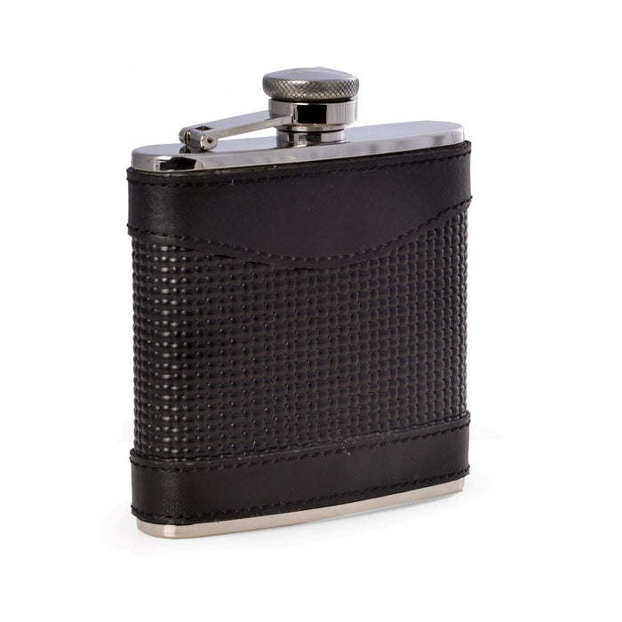 Occasion Gallery Black/Silver Color 5 oz. Stainless Steel Black Leather Woven Flask with Captive Cap and Durable Rubber Seal. 3.5 L x 1 W x 4 H in.