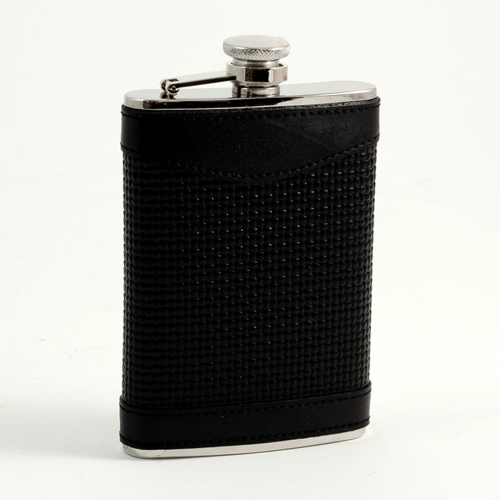 Occasion Gallery Black/Silver Color 8 oz. Stainless Steel Black Leather Woven Flask with Captive Cap and Durable Rubber Seal. 3.75 L x 1 W x 5.35 H in.