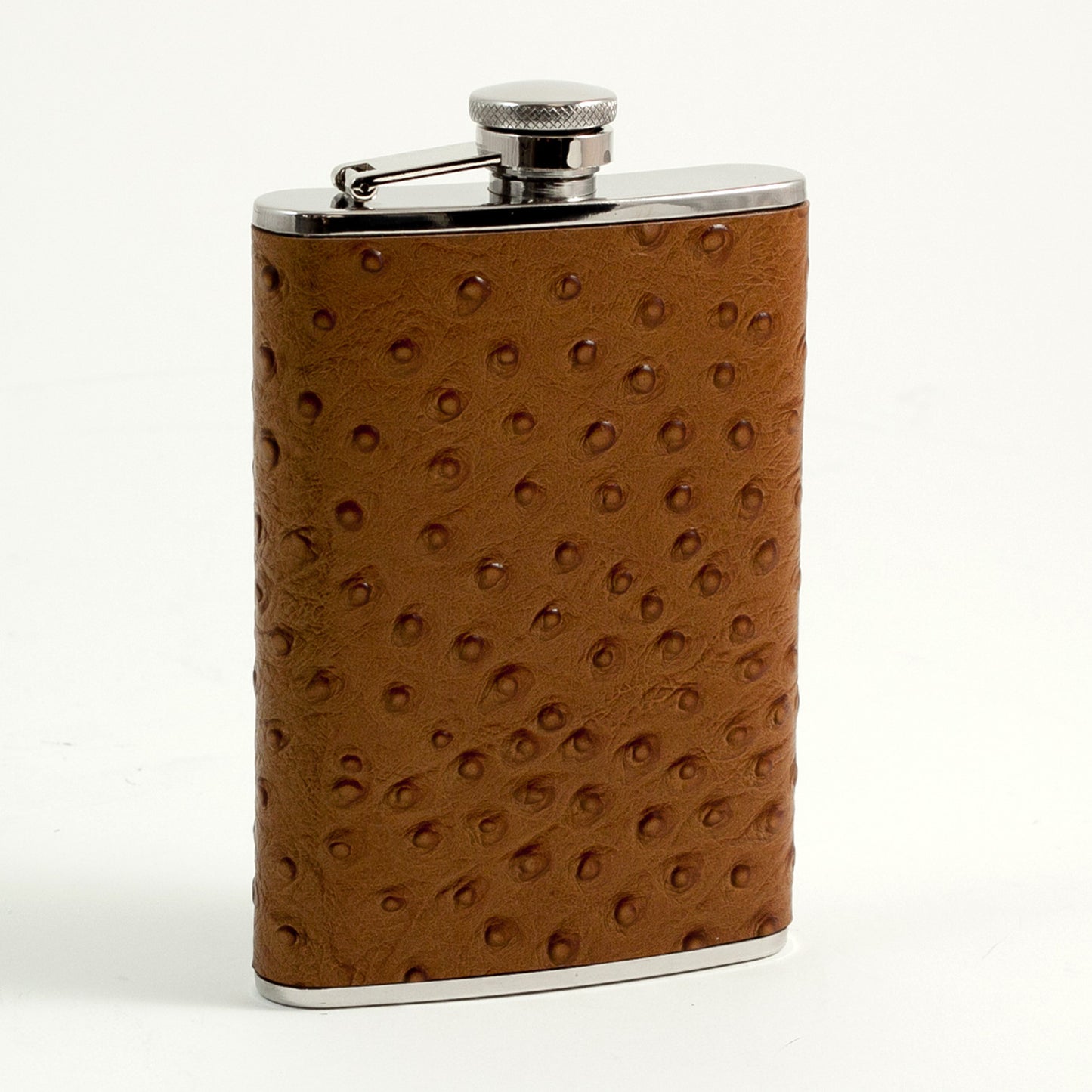Occasion Gallery Brown/Silver Color 8 oz. Stainless Steel Brown "Ostrich" Leather Flask with Captive Cap and Durable Rubber Seal. 3.5 L x 0.75 W x 6 H in.