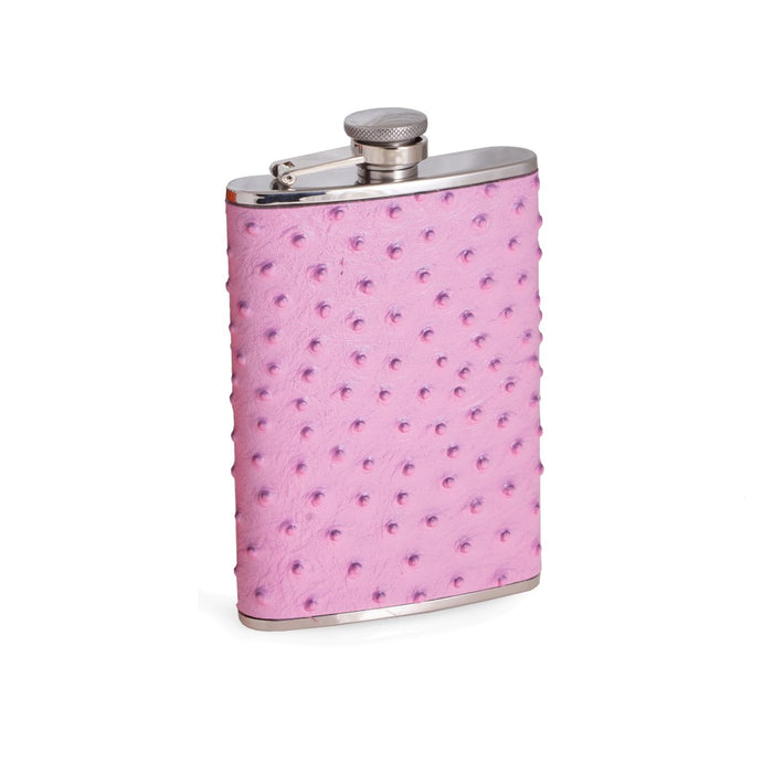 Occasion Gallery Pink/Silver Color 8 oz. Stainless Steel Pink "Ostrich" Leather Flask with Captive Cap and Durable Rubber Seal. 3.75 L x 0.85 W x 5.85 H in.