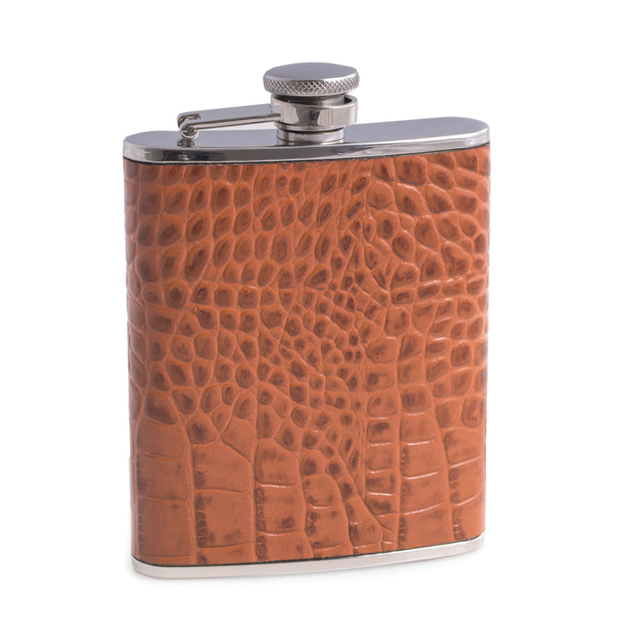Occasion Gallery Brown/Silver Color 6 oz. Stainless Steel Brown "Croco" Leather Flask with Captive Cap and Durable Rubber Seal. 3.75 L x 5.35 W x 1 H in.