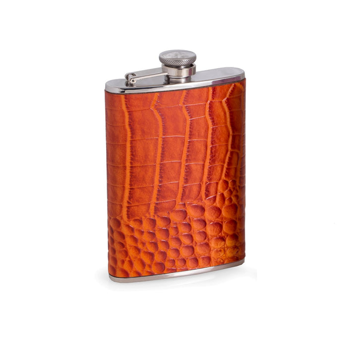 Occasion Gallery Orange/Silver Color 8 oz. Stainless Steel Orange "Croco" Leather Flask with Captive Cap and Durable Rubber Seal. 3.75 L x 0.85 W x 5.85 H in.
