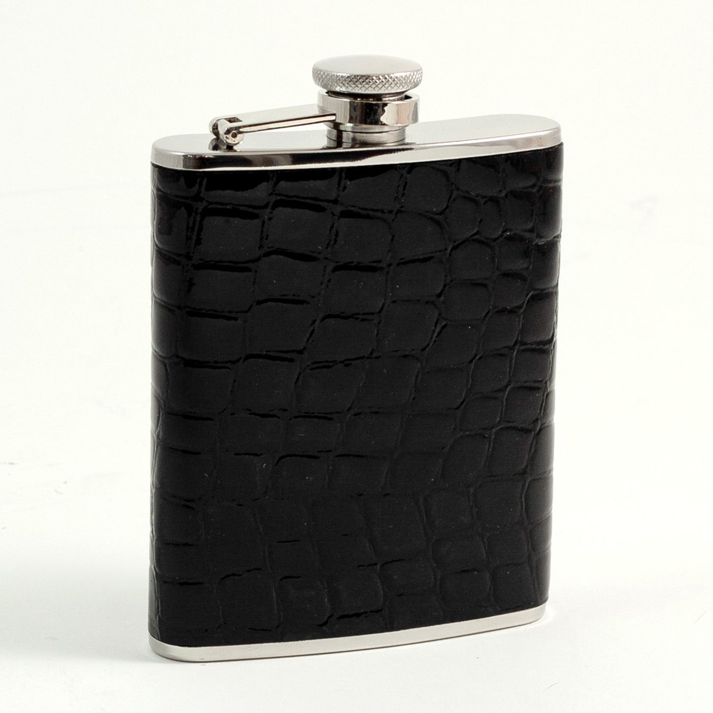 Occasion Gallery Black/Silver Color 6 oz. Stainless Steel Black "Croco" Leather Flask with Captive Cap and Durable Rubber Seal. 3.75 L x 5.35 W x 1 H in.