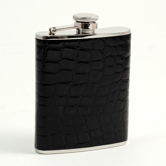 Occasion Gallery Black/Silver Color 6 oz. Stainless Steel Black "Croco" Leather Flask with Captive Cap and Durable Rubber Seal. 3.75 L x 5.35 W x 1 H in.