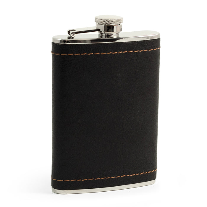 Occasion Gallery Black/Silver Color 8 oz. Stainless Steel Black Leather & Mustard Stitch Flask with Captive Cap and Durable Rubber Seal. 3.5 L x 0.75 W x 6 H in.