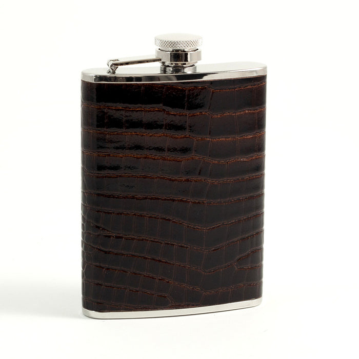 Occasion Gallery Brown/Silver Color 6 oz. Stainless Steel Brown "Croco" Leather Flask with Captive Cap and Durable Rubber Seal. 3.75 L x 5.35 W x 1 H in.