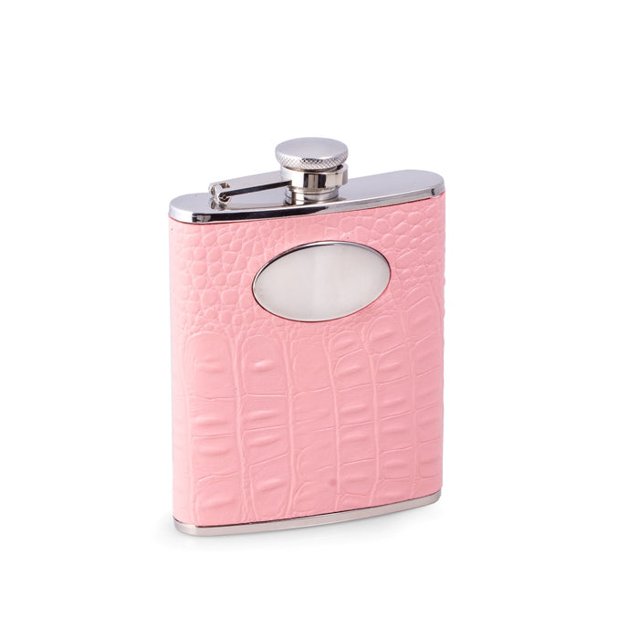 Occasion Gallery Pink/Silver Color 6 oz. Stainless Steel Pink "Croco" Leather Flask with Engraving Medallion, Captive Cap and Durable Rubber Seal. 3.75 L x 5.35 W x 1 H in.