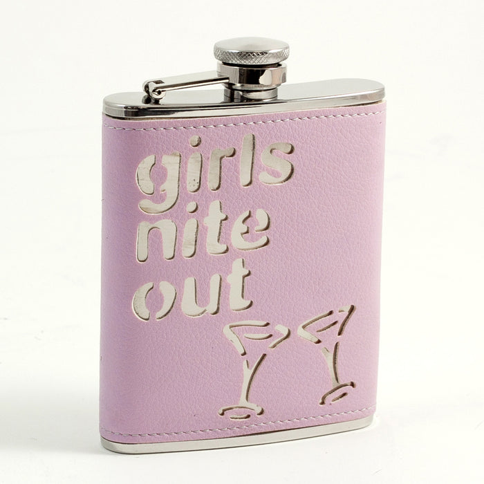 Occasion Gallery Pink/Silver Color 6 oz. Stainless Steel Pink Leatherette "Girls Nite Out" Flask with Captive Cap and Durable Rubber Seal. 3.75 L x 5.35 W x 1 H in.
