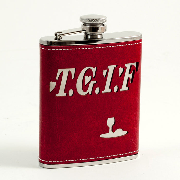Occasion Gallery Red/Silver Color 6 oz. Stainless Steel  Red Leather "T.G.I.F." Flask with Stitching, Captive Cap and Durable Rubber Seal. 3.75 L x 5.35 W x 1 H in.