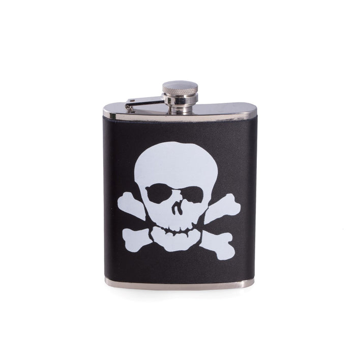 Occasion Gallery Black/Silver Color 6 oz. Stainless Steel Black Leather "Skull & Bones" Flask with Captive Cap and Durable Rubber Seal. 3.75 L x 5.35 W x 1 H in.