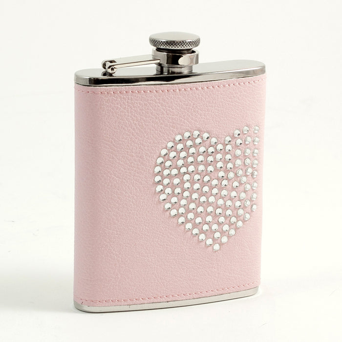 Occasion Gallery Pink/Silver Color 6 oz. Stainless Steel Pink Leatherette Flask with Reign Stone "Heart" Design, Captive Cap and Durable Rubber Seal. 3.75 L x 5.35 W x 1 H in.