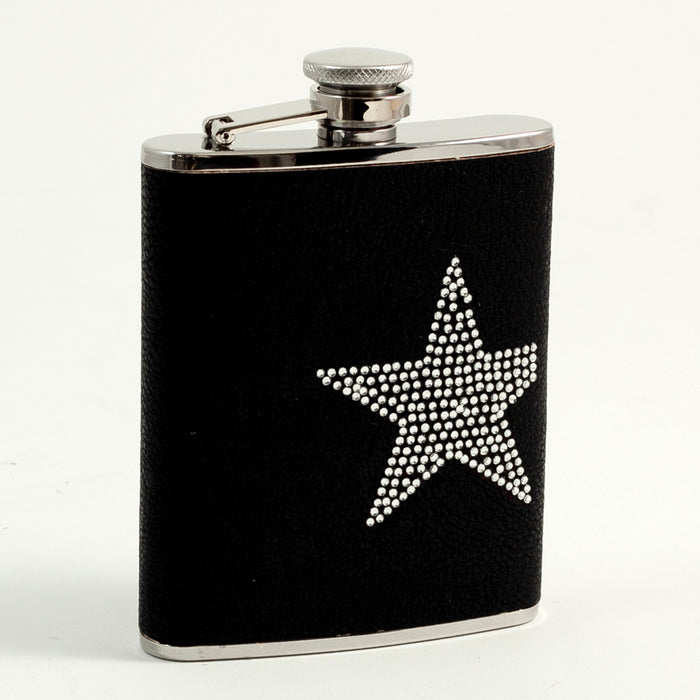 Occasion Gallery Black/Silver Color 6 oz. Stainless Steel Black Leatherette Flask with Reign Stone "Star" Design, Captive Cap and Durable Rubber Seal. 3.75 L x 5.35 W x 1 H in.