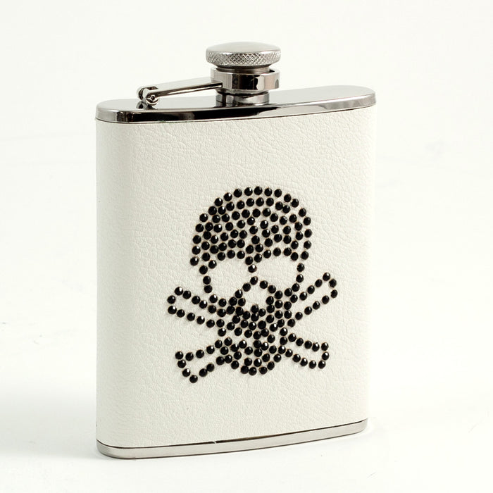 Occasion Gallery White/Silver Color 6 oz. Stainless Steel White Leatherette Flask with Black Stone "Skull" Design, Captive Cap and Durable Rubber Seal. 3.75 L x 5.35 W x 1 H in.