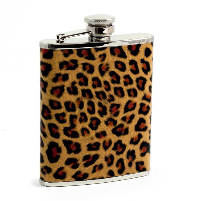 Occasion Gallery Leopard/Silver Color 6 oz. Stainless Steel "Leopard" Pattern Flask with Captive Cap and Durable Rubber Seal. 3.75 L x 5.35 W x 1 H in.