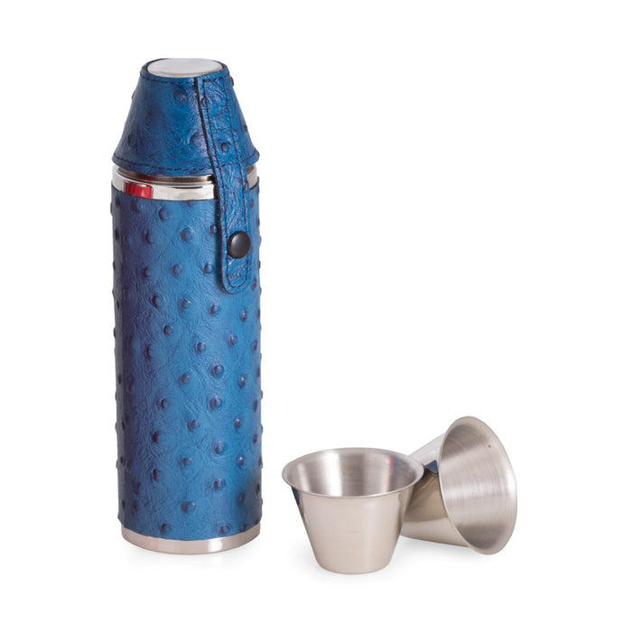Occasion Gallery Blue/Silver Color 10 oz. Stainless Steel Blue "Ostrich" Leather Cylinder Flask with Two Cups. 2 L x 7 W x  H in.