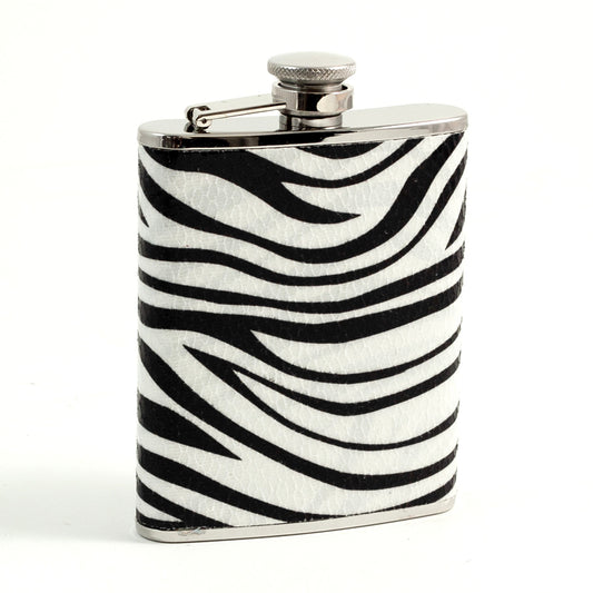 Occasion Gallery Zebra/Silver Color 6 oz. Stainless Steel "Zebra" Pattern Flask with Captive Cap and Durable Rubber Seal. 3.75 L x 5.35 W x 1 H in.