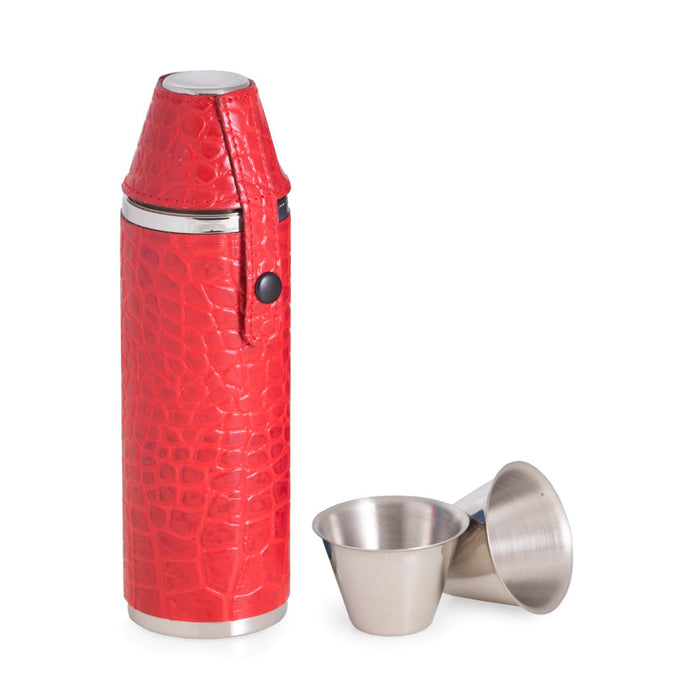 Occasion Gallery Red/Silver Color 10 oz. Stainless Steel Red "Croco" Leather Cylinder Flask with Two Cups. 2 L x 7 W x  H in.