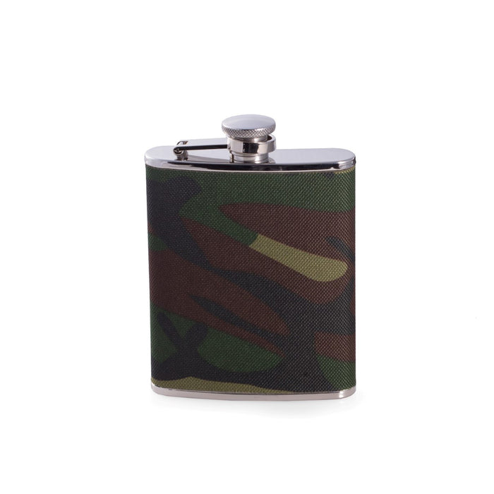 Occasion Gallery Camouflage/Silver Color 6 oz. Stainless Steel "Camouflage" Pattern Flask with Captive Cap and Durable Rubber Seal. 3.75 L x 5.35 W x 1 H in.
