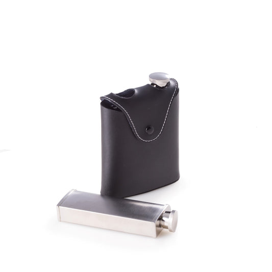 Occasion Gallery Black/Silver Color Two 3 oz. Stainless Steel Flasks in Black Leather Carrying Case with Belt Strap. 4 L x 1 W x 5.5 H in.