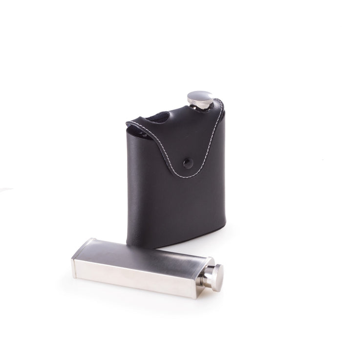 Occasion Gallery Black/Silver Color Two 3 oz. Stainless Steel Flasks in Black Leather Carrying Case with Belt Strap. 4 L x 1 W x 5.5 H in.
