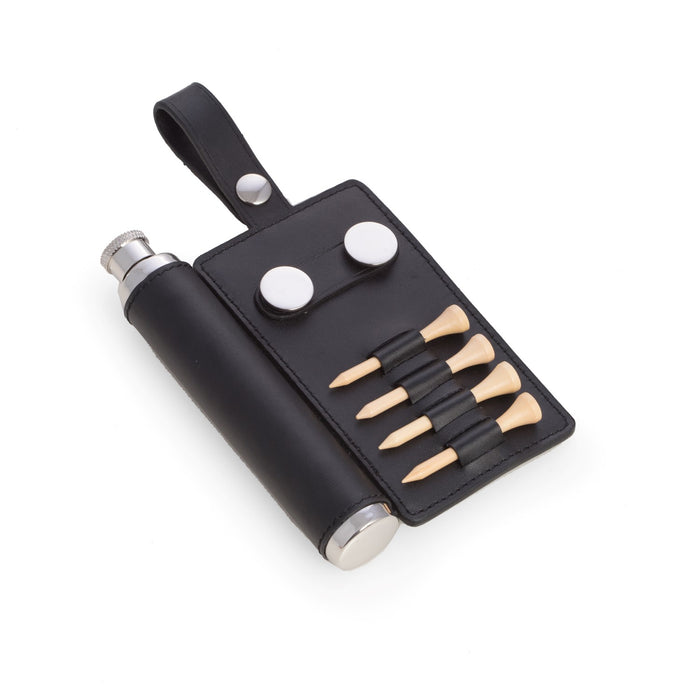 Occasion Gallery Black/Silver Color 2 oz. Stainless Steel Black Leather Flask with 4 Tee's, 2 Ball Marker's, Divot Tool and Hanging Strap.  4 L x 1 W x 5 H in.