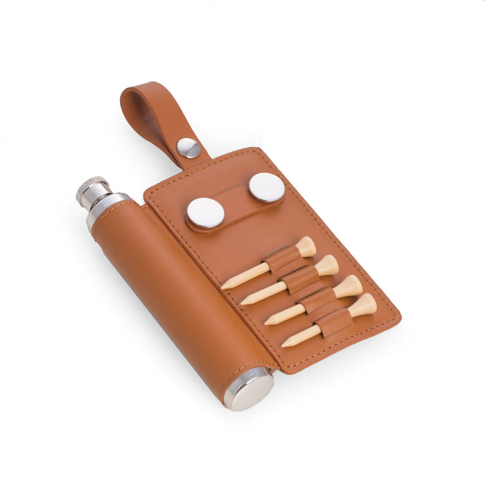 Occasion Gallery Tan/Silver Color 2 oz. Stainless Steel Tan Leather Flask with 4 Tee's, 2 Ball Marker's, Divot Tool and Hanging Strap.  4 L x 1 W x 5 H in.