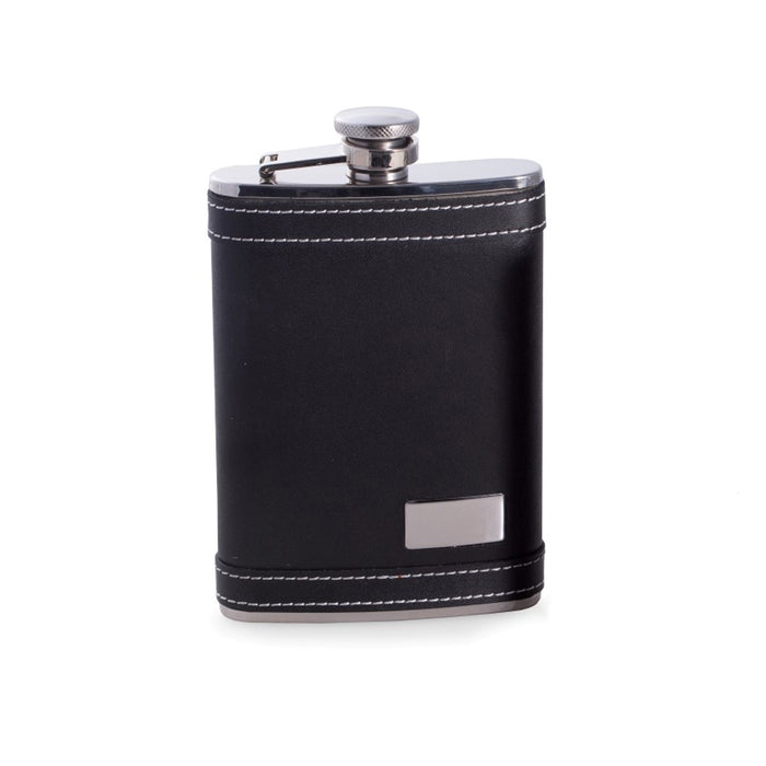 Occasion Gallery Black/Silver Color 8 oz. Stainless Steel Black Leather Flask with White Stitching, Engraving Plate, Captive Cap and Durable Rubber Seal. 3.5 L x 0.75 W x 6 H in.