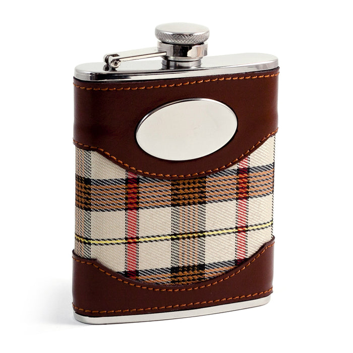 Occasion Gallery Brown/Beige Color 6 oz. Stainless Steel Brown Leather & Beige Plaid Fabric Flask with Oval Emblem, Captive Cap and Durable Rubber Seal. 3.75 L x 5.35 W x 1 H in.