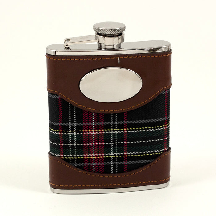Occasion Gallery Brown/Blue Color 6 oz. Stainless Steel Brown Leather & Blue Plaid Fabric Flask with Oval Emblem, Captive Cap and Durable Rubber Seal. 3.75 L x 5.35 W x 1 H in.