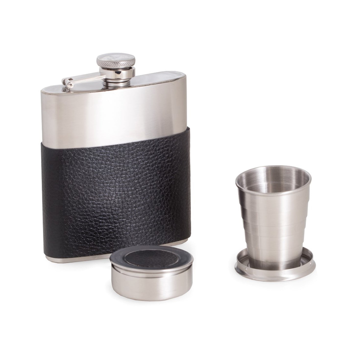 Occasion Gallery Black/Silver Color 7 oz. Stainless Steel Flask with Black Leather Wrap, Captive Cap and Durable Rubber Seal and 2 Collapsible Cups Gift Set. 3.75 L x 0.85 W x 5 H in.