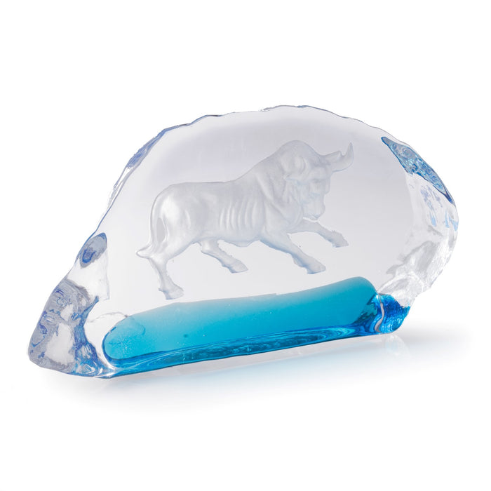Occasion Gallery Clear/Blue Color Etched Glass Bull Sculpture. 8 L x 0.75 W x 4 H in.