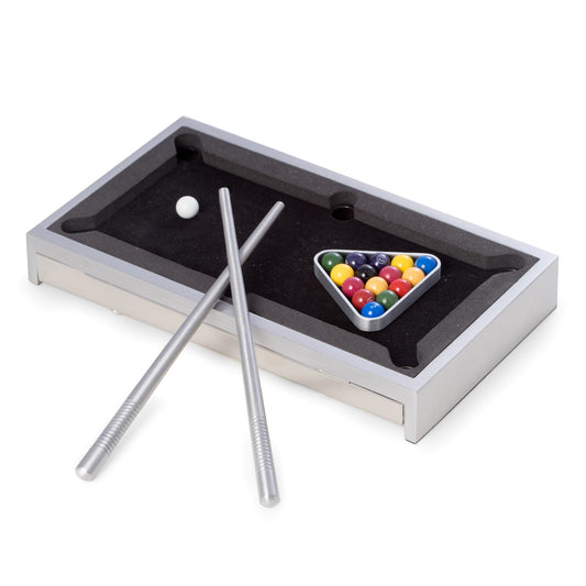 Occasion Gallery Silver Color Desk Top Aluminum Pool Table. 8 L x 4.5 W x 1.25 H in.