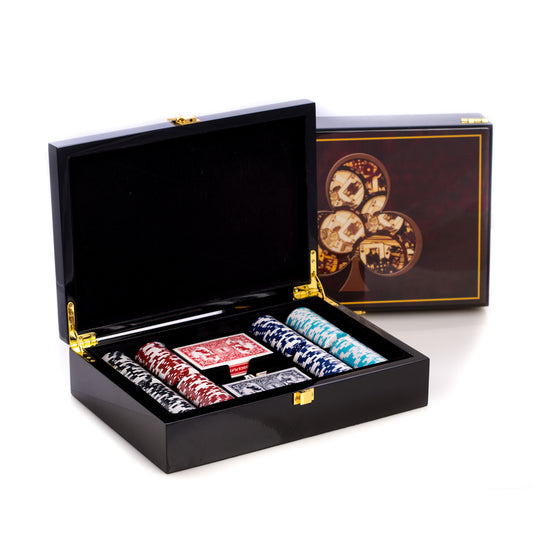 Occasion Gallery Brown Color Poker Set with 200, 11.5 gram Clay Composite Chips, Two Decks of Playing Cards & 5 Poker Dice in a Inlaid Lacquer Wood Box. 12.5 L x 8.75 W x 3.15 H in.
