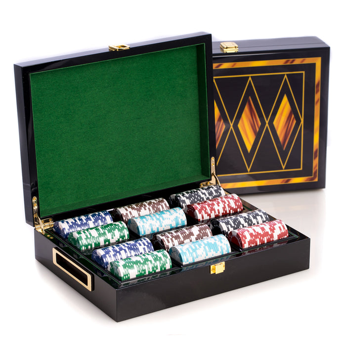 Occasion Gallery Black/ Inlay Wood Color Poker Set with 300, 11.5 gram Clay Composite Chips, Two Decks of Playing Cards & 5 Poker Dice in a Inlaid Lacquer Wood Box. 13.25 L x 10 W x 3.25 H in.