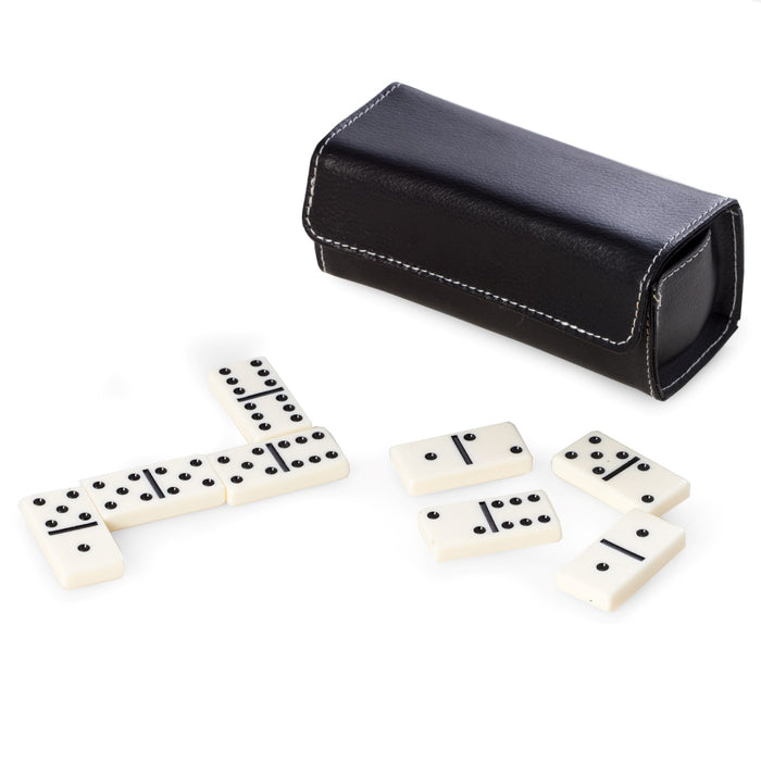 Occasion Gallery Black Color Domino Set in Black Leather Case with Magnetic Closure. 5 L x 2 W x 2.5 H in.