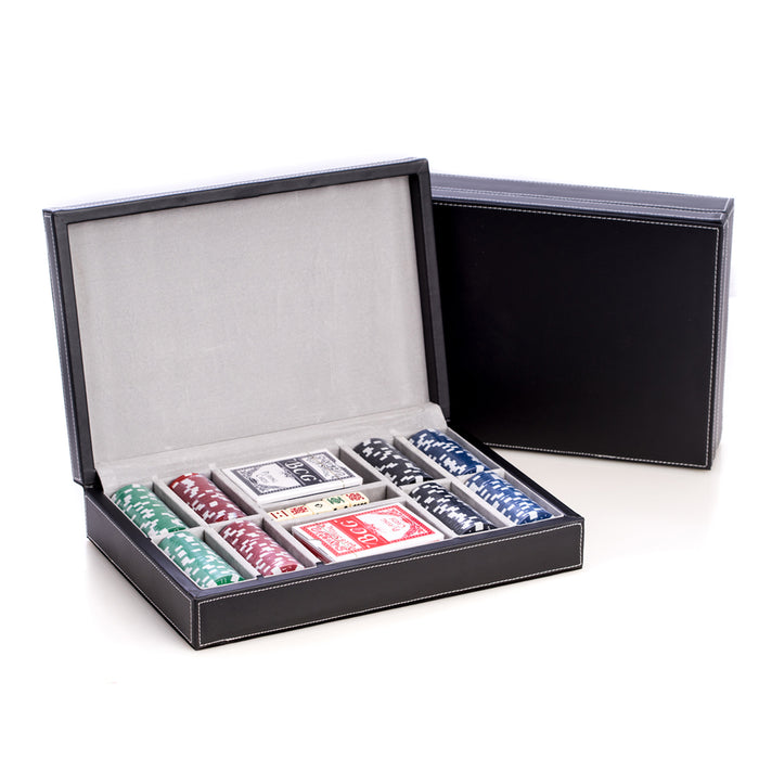 Occasion Gallery Black Color Poker Set with 200, 11.5 gram Clay Composite Chips, Two Decks of Playing Cards & 5 Poker Dice in Black Leather Case. 12 L x 8 W x 2.75 H in.